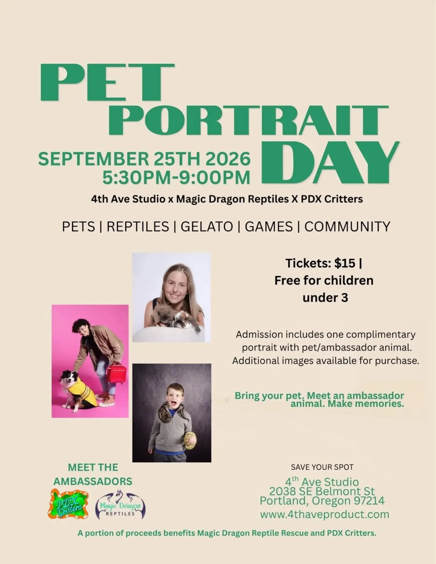 We are so excited to be a part of Pet Portrait Day with @4th_ave_studio x @portlandreptilelounge x @pdxcritters 

What to expect:
⭐ Tickets are $15, free for children under 3
⭐ Admission includes one complimentary portrait with your pet or one of our