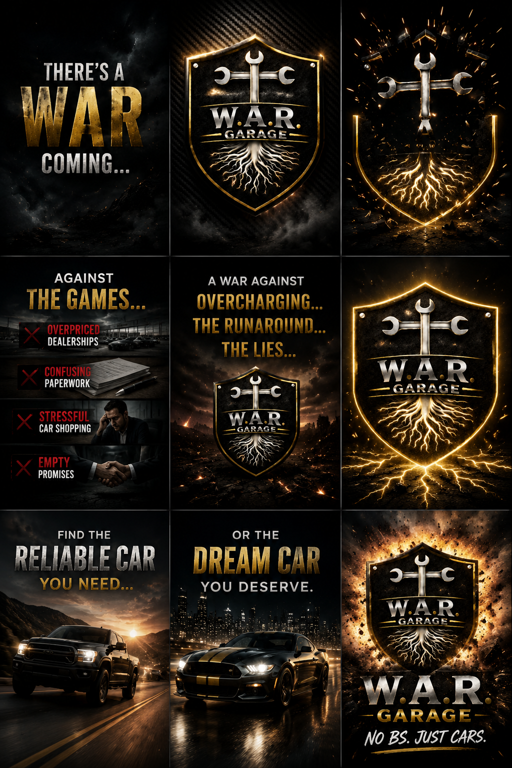 A series of images promoting W.A.R. Garage with a shield emblem featuring a wrench and lightning bolts, featuring text about a war against car dealership overpricing, confusing paperwork, stressful shopping, and empty promises, advocating finding reliable or dream cars.