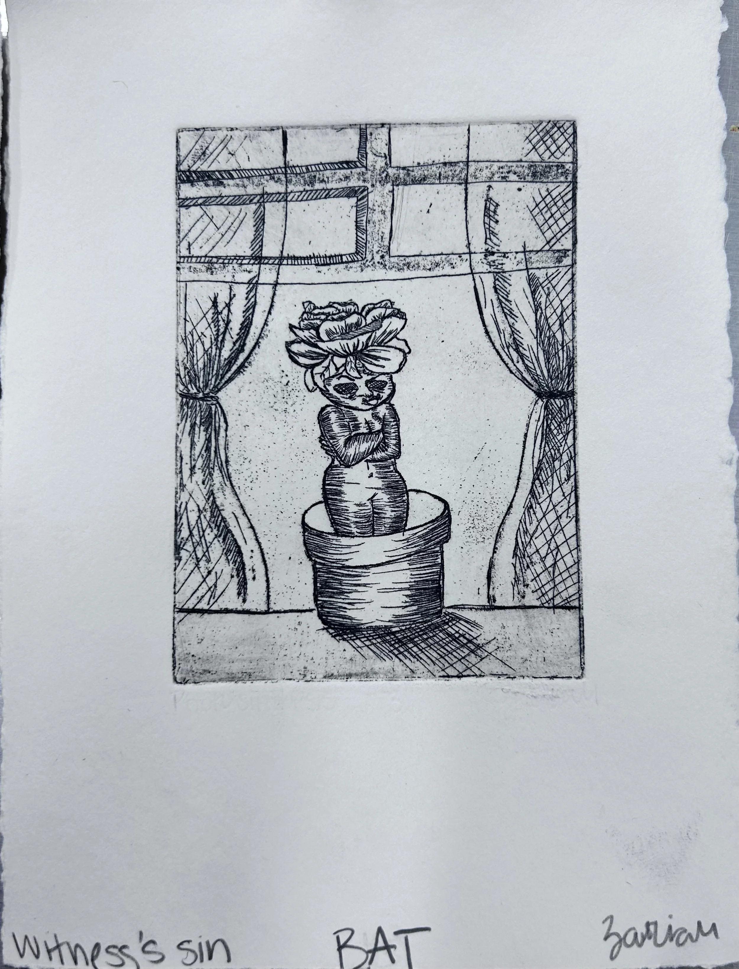 Witness's Sin 
2025 
Intaglio Etching, Metal Plate Matrix with Ink 
3in x 5 in 
Printmaking 1