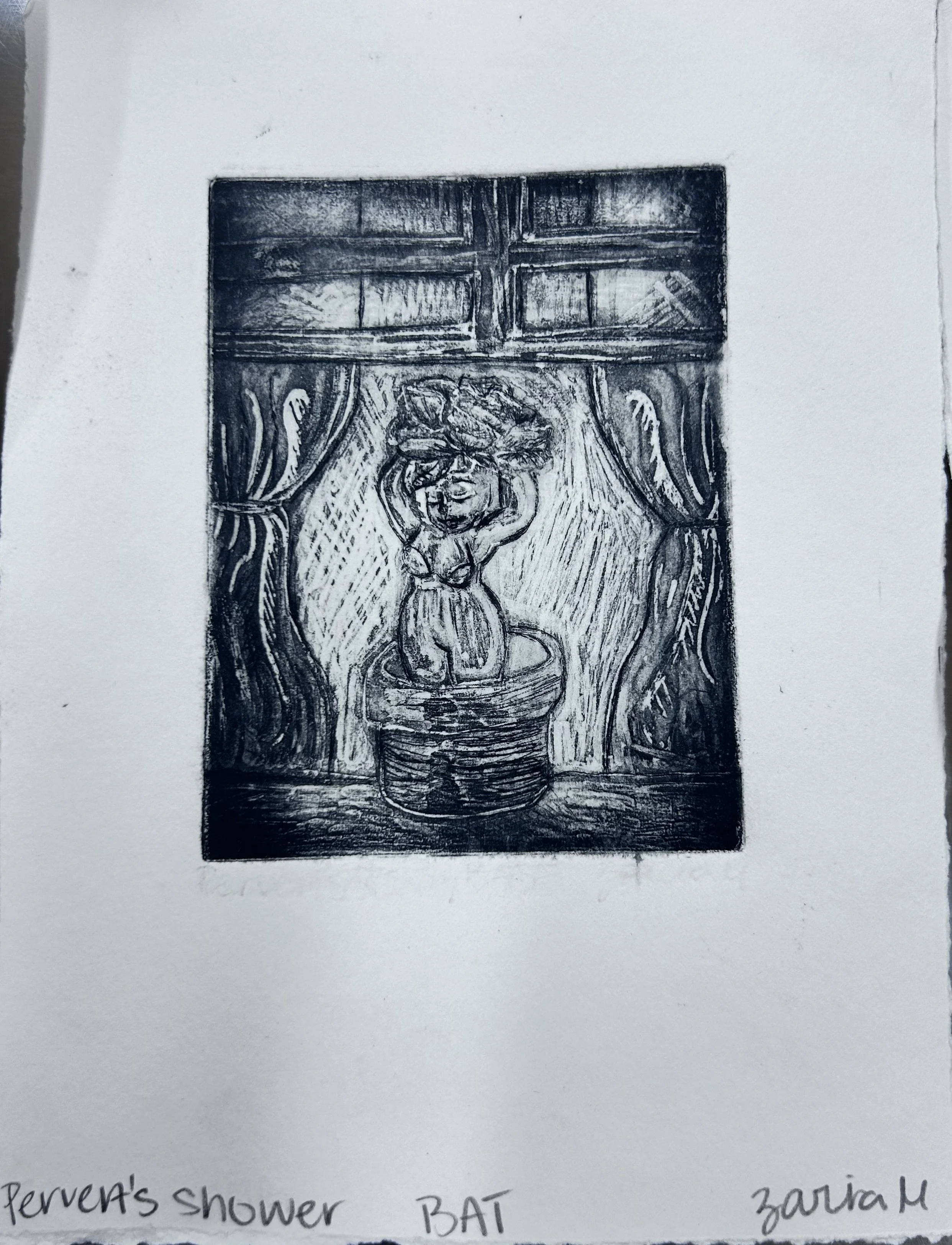 Pervert's Shower 
2025 
Intaglio Aqua Tint, Metal Plate Matrix with Ink 
3in x 5 in 
Printmaking 1