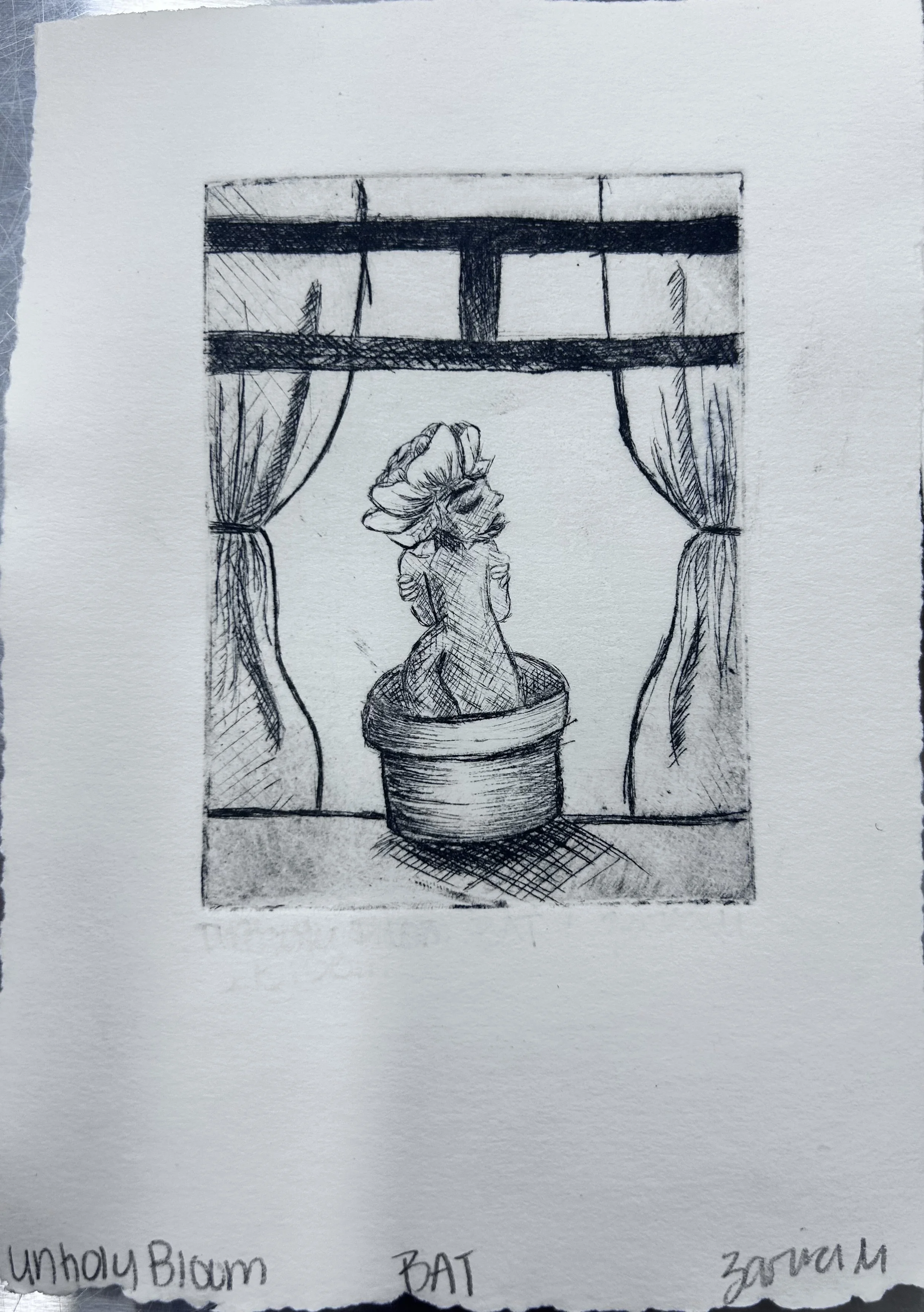 Unholy Bloom 
2025 
Intaglio Drypoint, Metal Plate Matrix with Ink 
3in x 5 in 
Printmaking 1