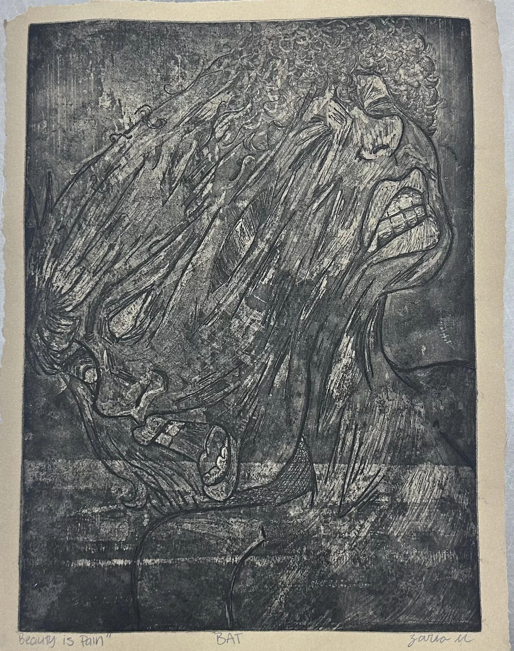 "Beauty Is Pain" 
2025 
Intaglio Etching, Aqua Tint, and Drypoint Metal Plate Matrix with Ink 
3in x 5 in 
Printmaking 1