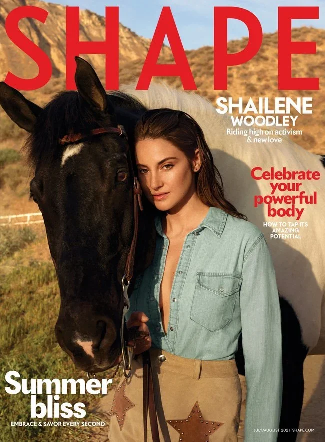 Cover of Shape magazine featuring Shailene Woodley with a horse outdoors, mountains in the background, large red text reading 'SHAPE', and additional text about activism, body positivity, and summer bliss.