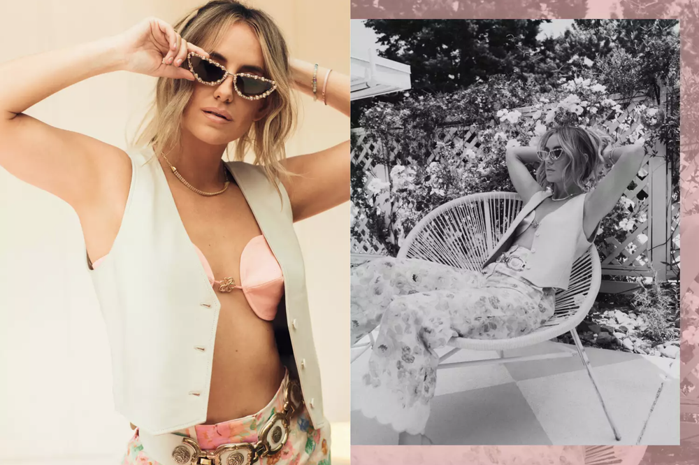 Left side: Woman with blond hair wearing sunglasses, a white vest, pink bikini top, floral pants, and a belt, holding sunglasses near her face. Right side: Woman with blond hair wearing sunglasses, a sleeveless top, floral wide-leg pants, sitting rel