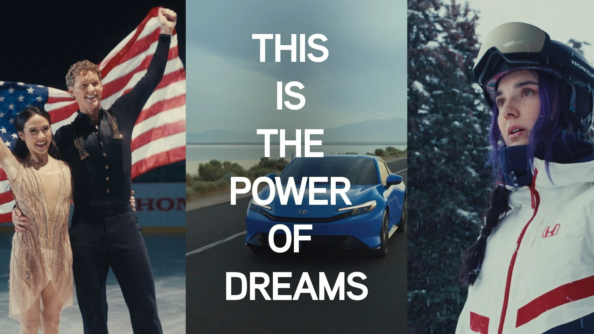 Composite image with three sections: left shows a young man and woman celebrating with American flags, middle shows a blue Honda car on an open road with mountains in background, right shows a woman in a white Honda jacket and helmet with snow and trees around.