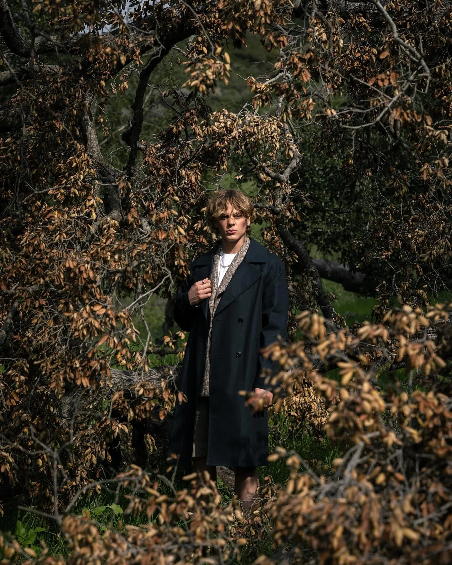A person standing in front of a large tree with brown leaves, wearing a dark coat and a light-colored scarf, outdoors.