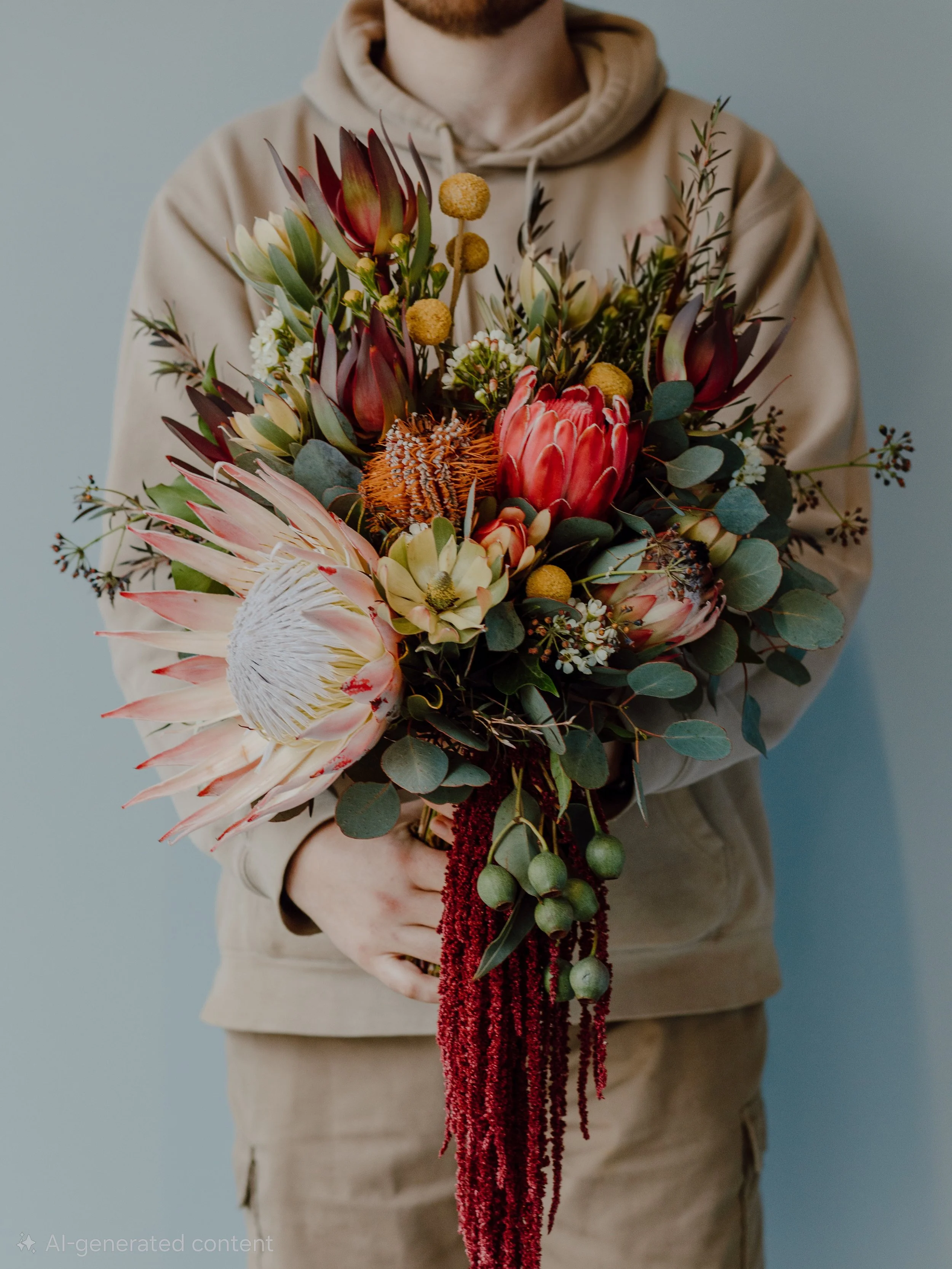 A person in beige clothing holding a large, colorful bouquet of flowers against a plain light blue background.