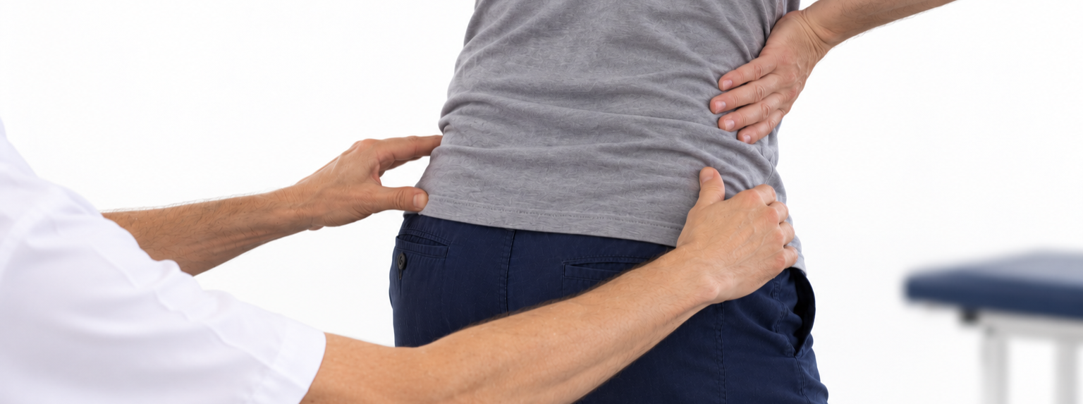Osteopath examining a patient's lower back during a medical checkup.