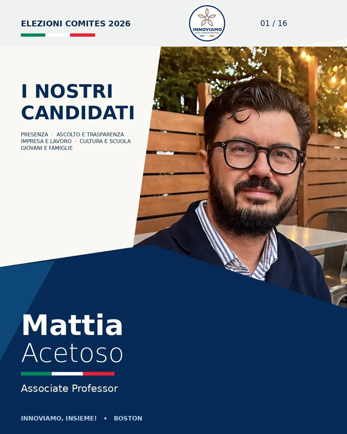 🇮🇹 Vi presentiamo Mattia Acetoso!

Associate Professor, Mattia porta nella lista INNOVIAMO la sua esperienza nel mondo accademico, tra insegnamento universitario, ricerca e formazione delle nuove generazioni.

📖 Scopri la sua storia e il suo perco