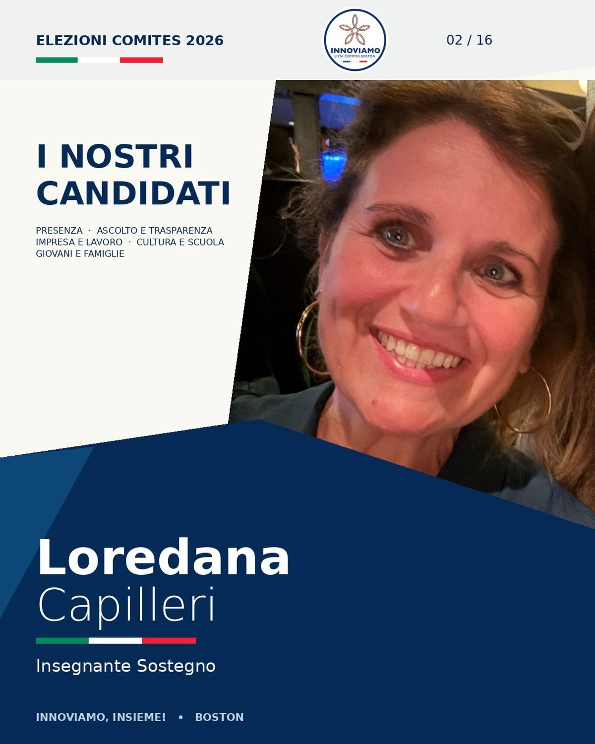 🇮🇹 Vi presentiamo Loredana Capilleri!

Insegnante di sostegno, Loredana porta nella lista INNOVIAMO la sua esperienza nell&rsquo;educazione inclusiva, nel supporto agli studenti e nella valorizzazione delle capacit&agrave; individuali.

📖 Scopri i