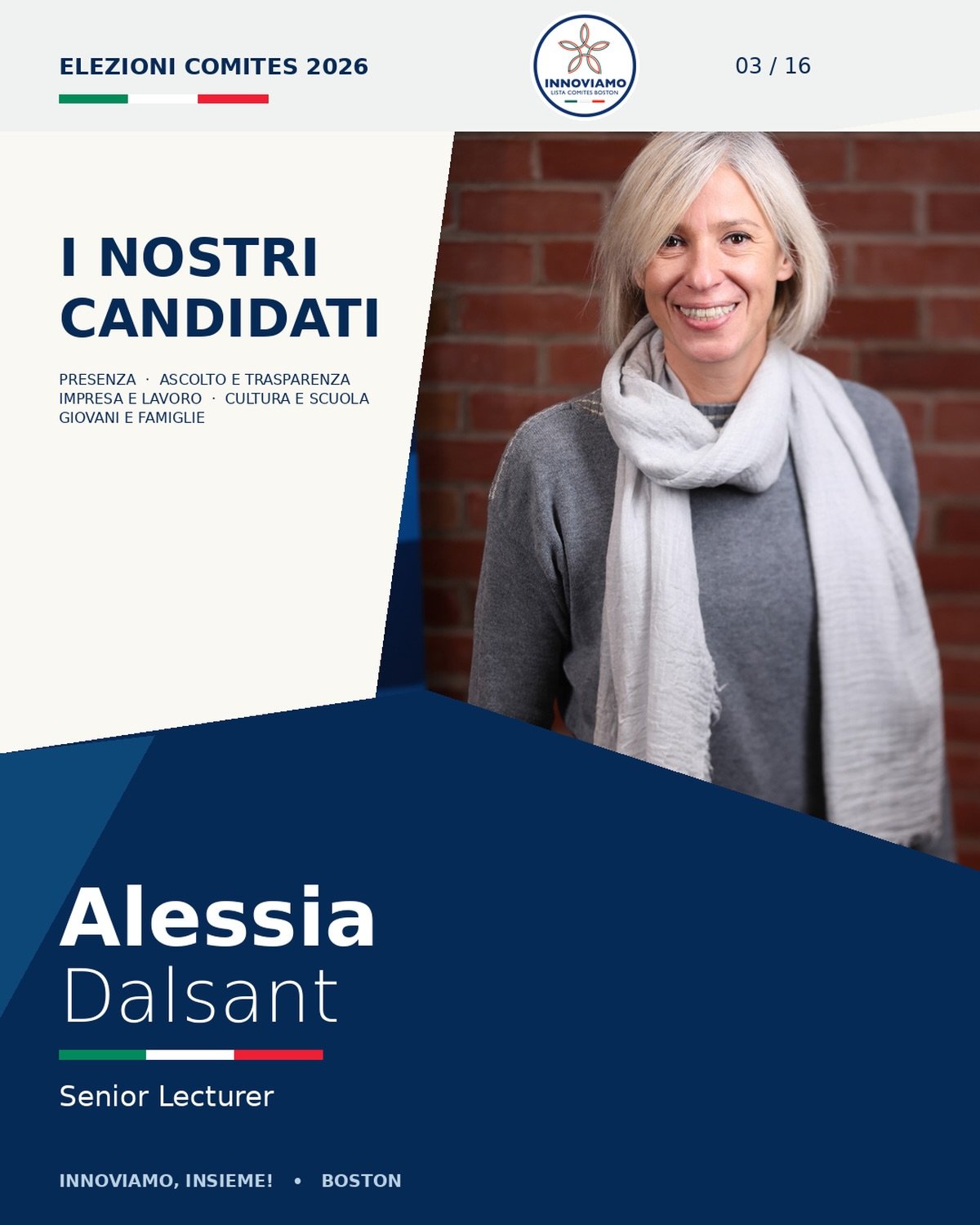 🇮🇹 Vi presentiamo Alessia Dalsant!

Senior Lecturer, Alessia porta nella lista INNOVIAMO la sua esperienza nell&rsquo;insegnamento universitario, nella condivisione delle conoscenze e nella formazione degli studenti.

📖 Conosci meglio la sua stori