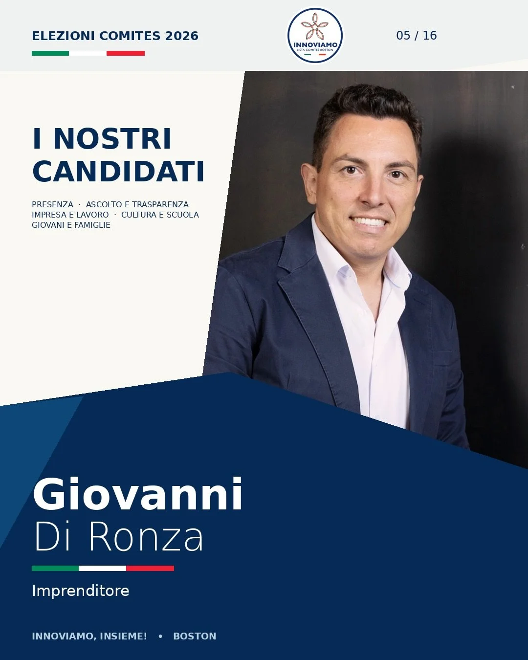 🇮🇹 Vi presentiamo Giovanni Di Ronza!

Imprenditore, owner di Latte Boston, Giovanni ha sviluppato la propria attivit&agrave; nel settore dell&rsquo;ospitalit&agrave; in New England e in Florida. Come Executive Manager di Professionisti Italiani a B