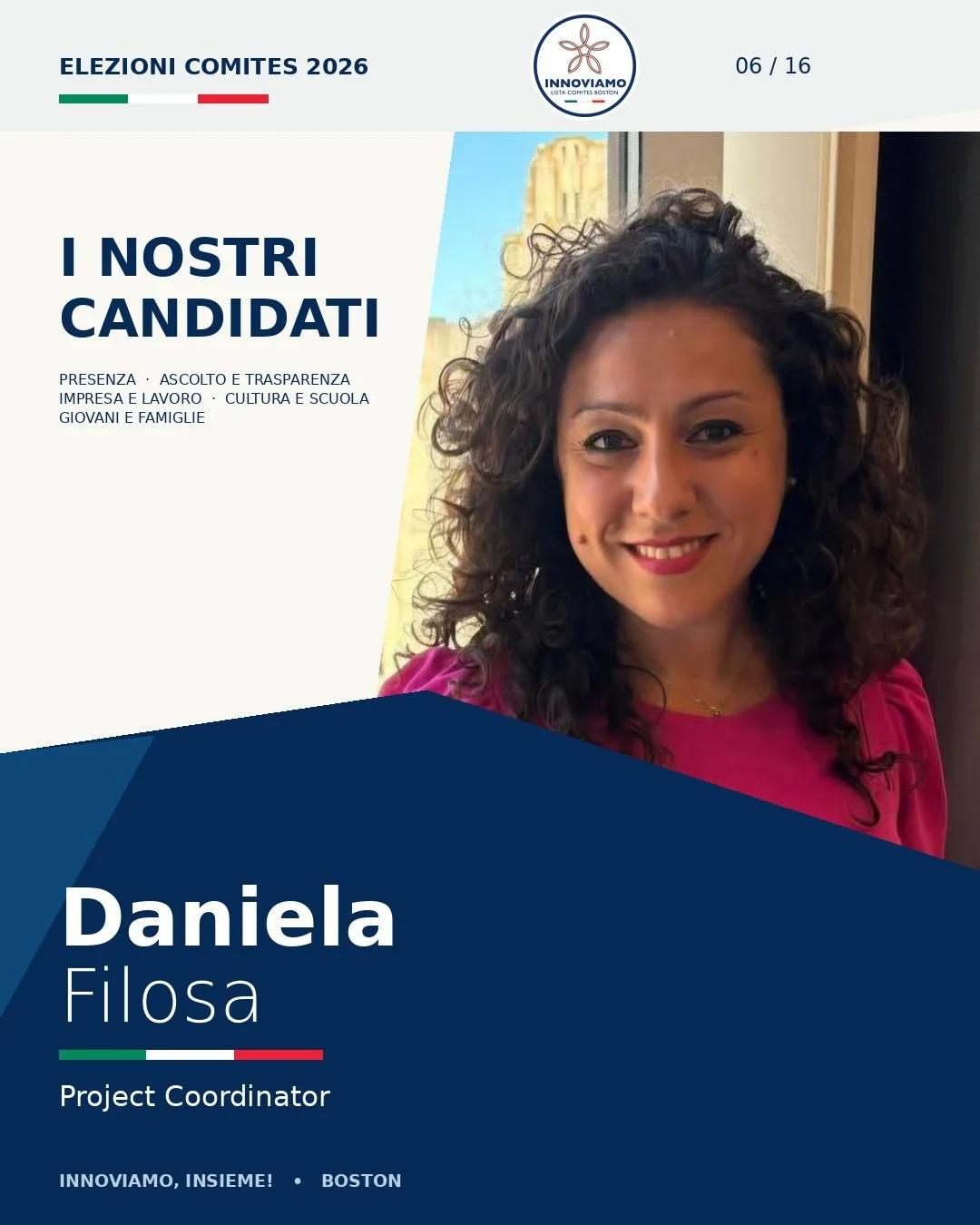 🇮🇹 Vi presentiamo Daniela Filosa!

Project Coordinator, Daniela porta nella lista INNOVIAMO la sua esperienza nell&rsquo;organizzazione delle attivit&agrave;, nel coordinamento dei progetti e nella collaborazione tra persone e team.

📖 Scopri la s