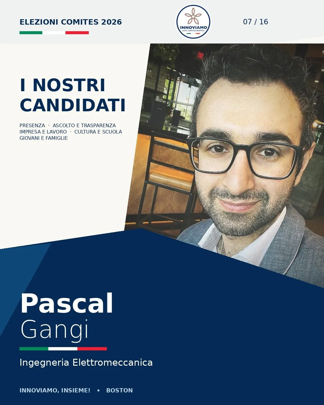 🇮🇹 Vi presentiamo Pascal Gangi!

Con un percorso nell&rsquo;ingegneria elettromeccanica, Pascal porta nella lista INNOVIAMO un&rsquo;esperienza tecnica basata sull&rsquo;analisi, sulla risoluzione dei problemi e sull&rsquo;applicazione pratica dell