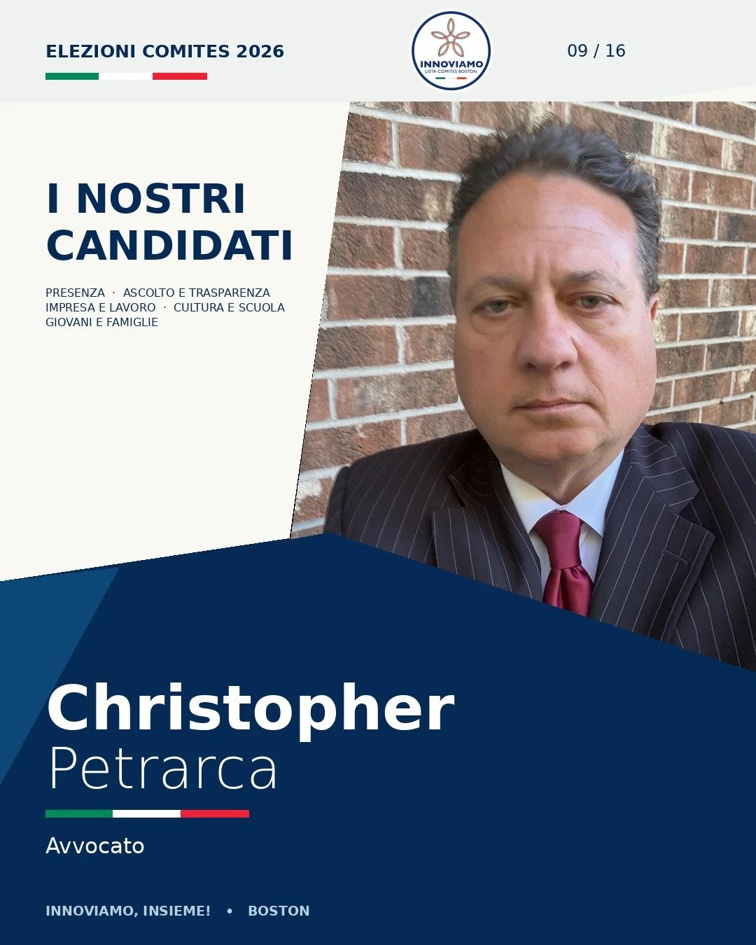🇮🇹 Vi presentiamo Christopher Petrarca!

Avvocato, Christopher porta nella lista INNOVIAMO la sua esperienza nel settore legale, nell&rsquo;interpretazione delle norme e nell&rsquo;affrontare questioni giuridiche.

📖 Conosci meglio la sua storia n