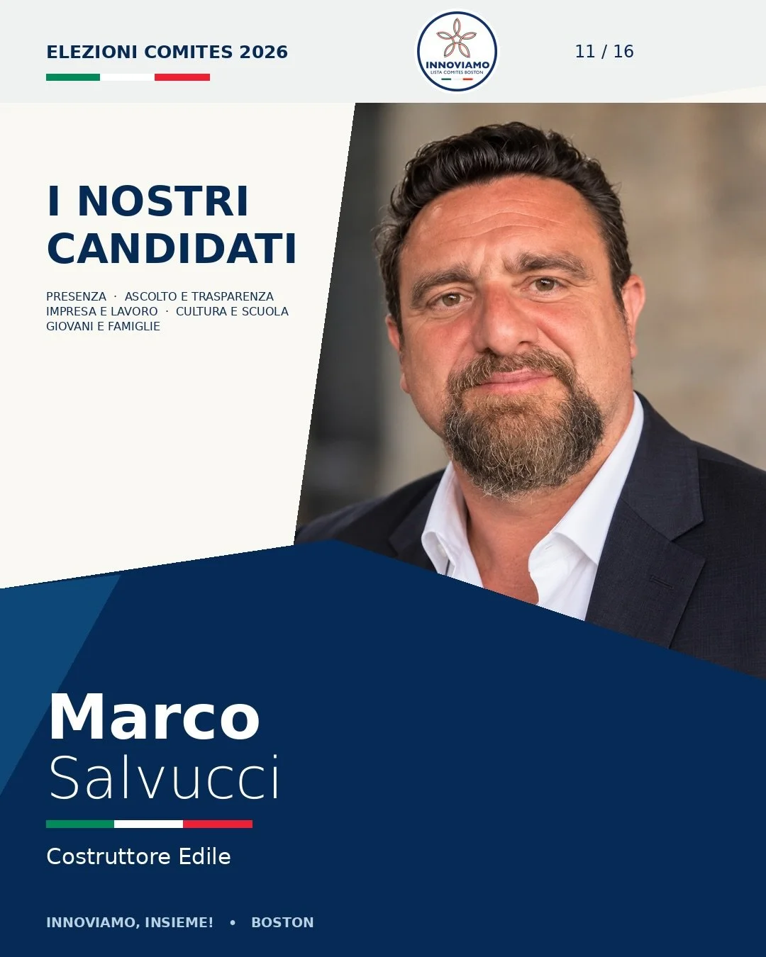 🇮🇹 Vi presentiamo Marco Salvucci!

Costruttore edile, Marco porta nella lista INNOVIAMO la sua esperienza nel settore delle costruzioni, dove competenze tecniche, organizzazione e attenzione ai dettagli sono fondamentali.

📖 Scopri la sua storia n