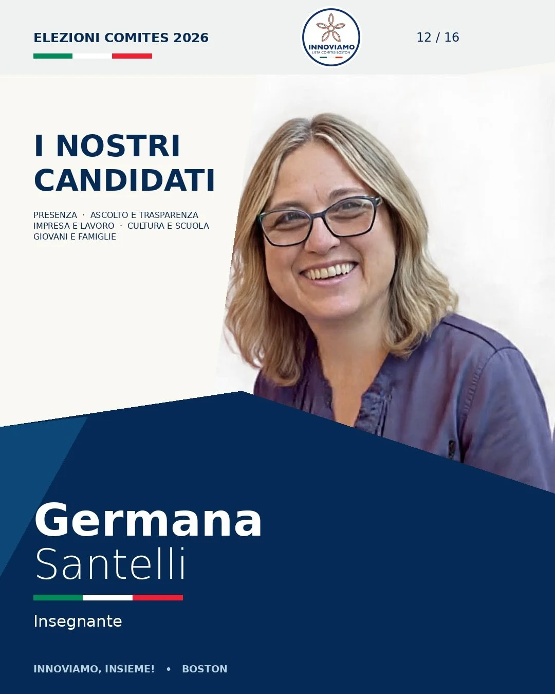 🇮🇹 Vi presentiamo Germana Santelli!

Insegnante, Germana porta nella lista INNOVIAMO la sua esperienza nel mondo della scuola, nella trasmissione delle conoscenze e nell&rsquo;accompagnare gli studenti nel loro percorso di crescita.

📖 Scopri il s
