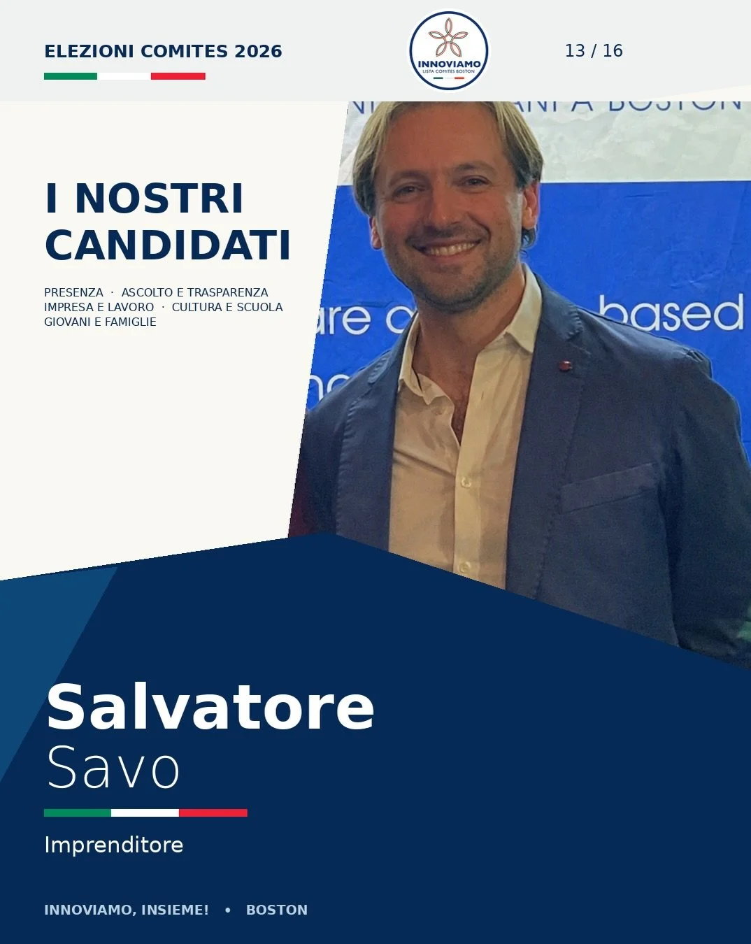 🇮🇹 Vi presentiamo Salvatore Savo!

Imprenditore, Salvatore porta nella lista INNOVIAMO la sua esperienza nell&rsquo;attivit&agrave; d&rsquo;impresa, tra gestione delle responsabilit&agrave;, iniziativa e sviluppo professionale.

📖 Scopri la sua st