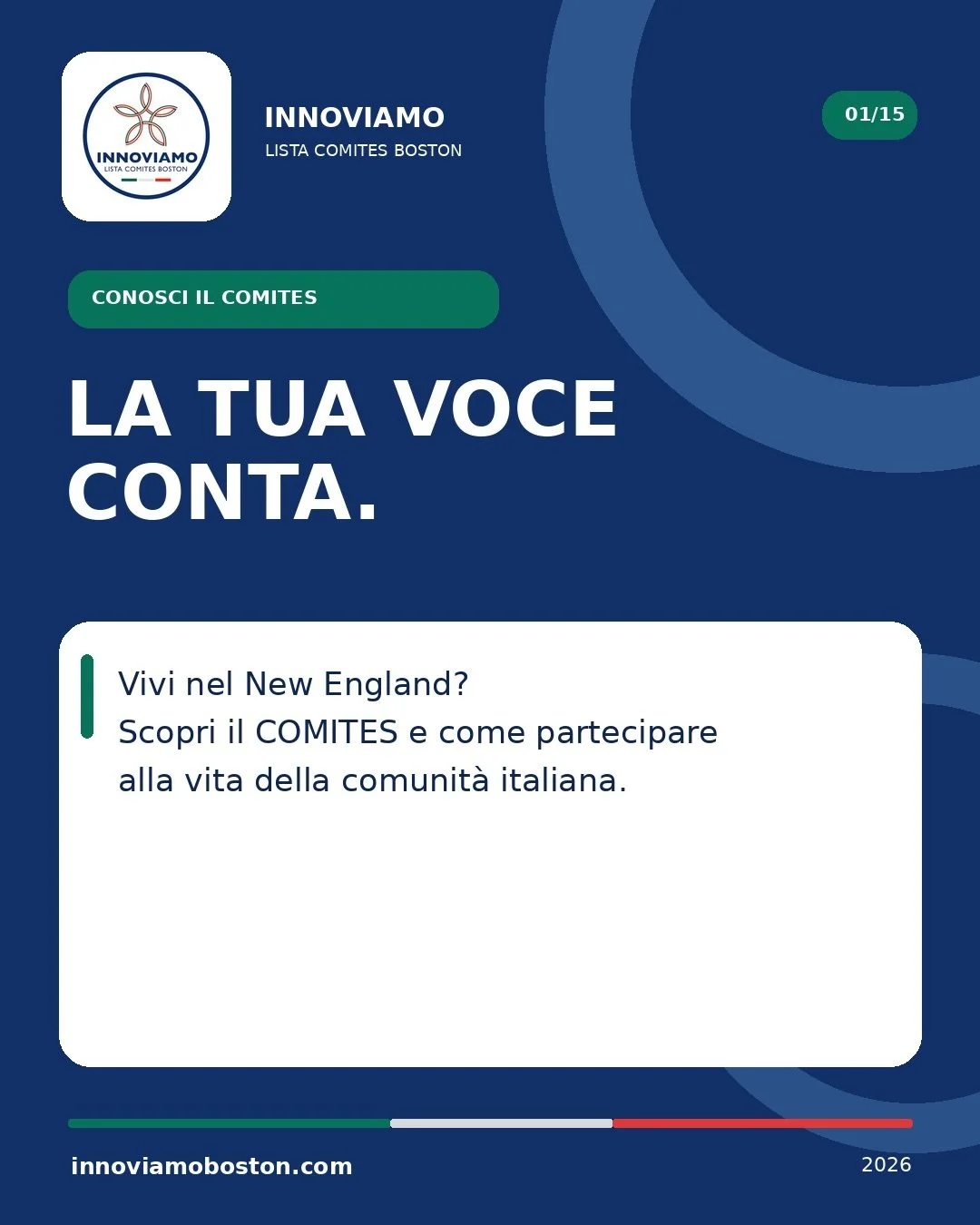 🇮🇹🇺🇸 VIVI NEL NEW ENGLAND? SAI CHI RAPPRESENTA LA COMUNIT&Agrave; ITALIANA?

Forse hai gi&agrave; sentito parlare del #COMITES. Ma sai davvero cos&rsquo;&egrave;, cosa fa e perch&eacute; &egrave; importante?

🤔 Sapevi che a Boston vengono eletti