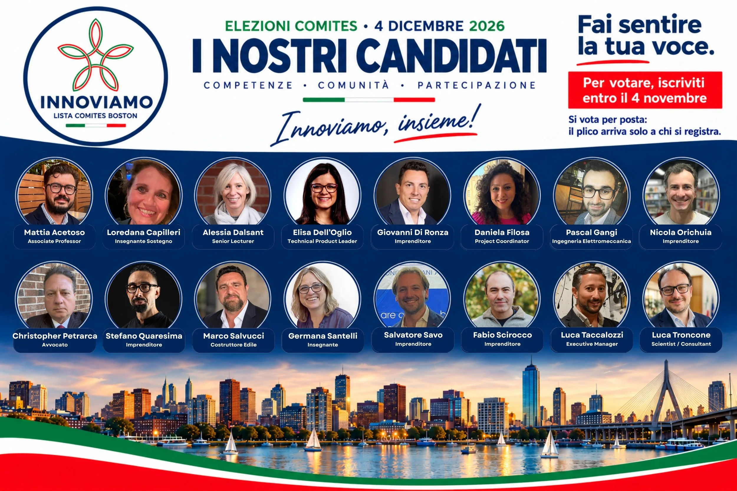 🇮🇹🇺🇸 16 CANDIDATI. 16 STORIE. UN&rsquo;UNICA VOCE: LA NOSTRA COMUNIT&Agrave;!

🚨 ATTENZIONE: HAI TEMPO SOLO FINO AL 4 NOVEMBRE!

Il futuro della comunit&agrave; italiana del New England passa anche da te!

Siamo INNOVIAMO BOSTON &ndash; LISTA N.