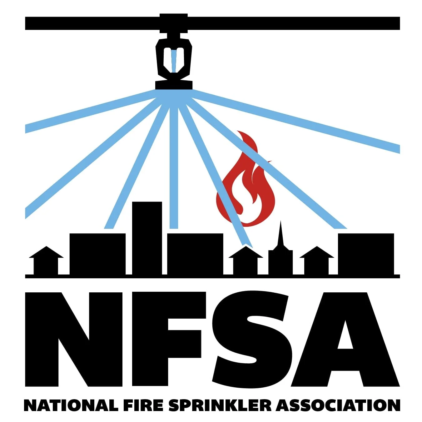 Logo of the National Fire Sprinkler Association, depicting a fire sprinkler head releasing water onto a cityscape silhouette, with a red flame and the acronym 'NFSA' in bold letters.