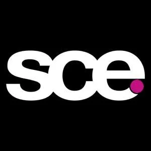 The logo of 'sce' in white lowercase letters with a magenta dot above the 'c' on a black background.