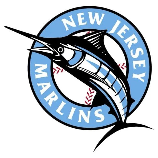 Logo of the New Jersey Marlins baseball team featuring a marlin fish in front of a baseball, with the team name encircling the fish.
