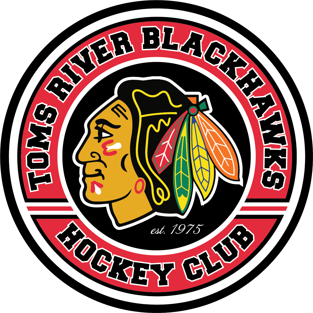 Logo of the Toms River Blackhawks hockey team featuring a Native American chief's profile with colorful feathers and text around it.
