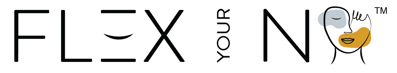 A logo for a beauty and skincare brand featuring the words 'FLEX YOUR' with a stylized face illustration wearing a sleep mask and gold facial mask or cream on one side.