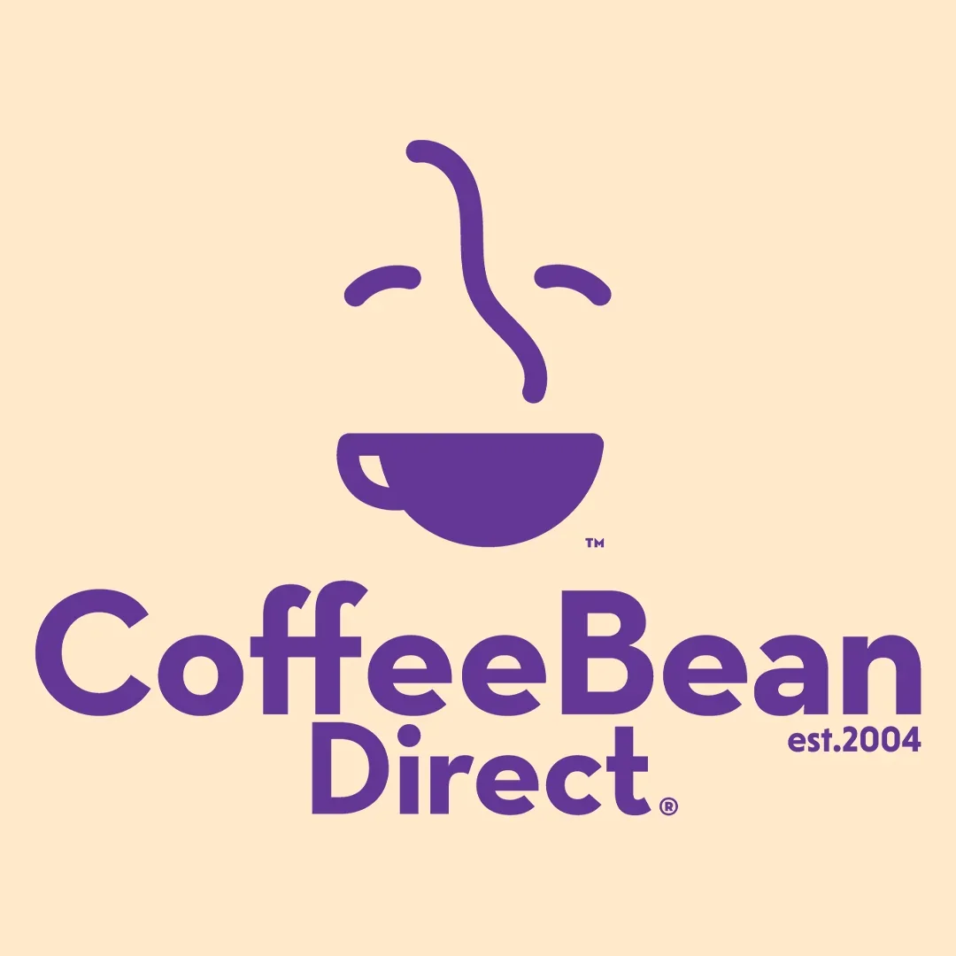 Logo of Coffee Bean Direct featuring a stylized coffee cup with steam rising and the text 'CoffeeBean Direct est. 2004' in purple on a beige background.