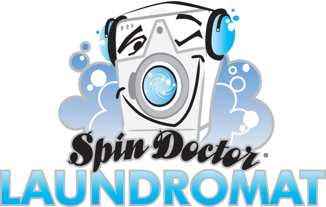 Cartoon illustration of a washing machine with a smiling face wearing headphones, surrounded by bubbles, with the text 'Spin Doctor Laundromat' below.