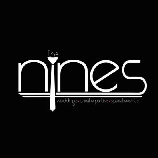 Logo for 'The Nines' featuring a stylized font with a knife integrated into the letter 'n'; includes text for weddings, private parties, and special events.