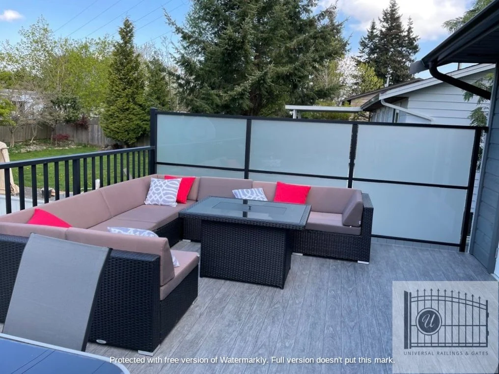 Outdoor patio with beige sectional sofa, red and white patterned throw pillows, and black wicker coffee table on grey wooden decking. There is a glass and metal table with a grey chair in the foreground, a black railing, and a frosted glass privacy s