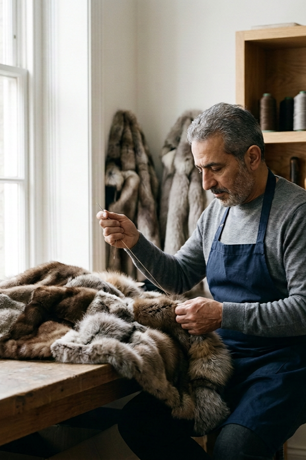 A man in a gray shirt and blue apron sitting at a wooden table, sewing fur. Fur coats and hats are hanging in the background, and natural light coming through a window.