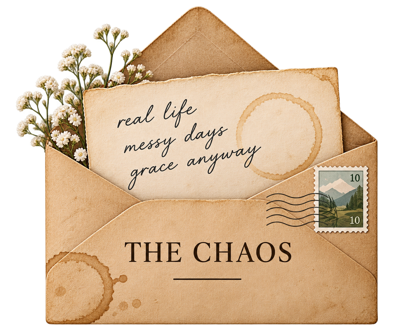 Vintage envelope labeled "The Chaos," linking to letters about real life, messy days, and grace.
