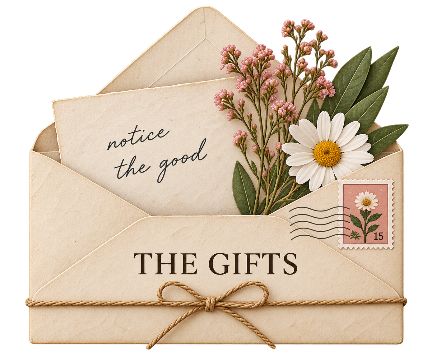 Vintage envelope labeled "The Gifts," linking to letters about noticing God's goodness in people and ordinary moments.