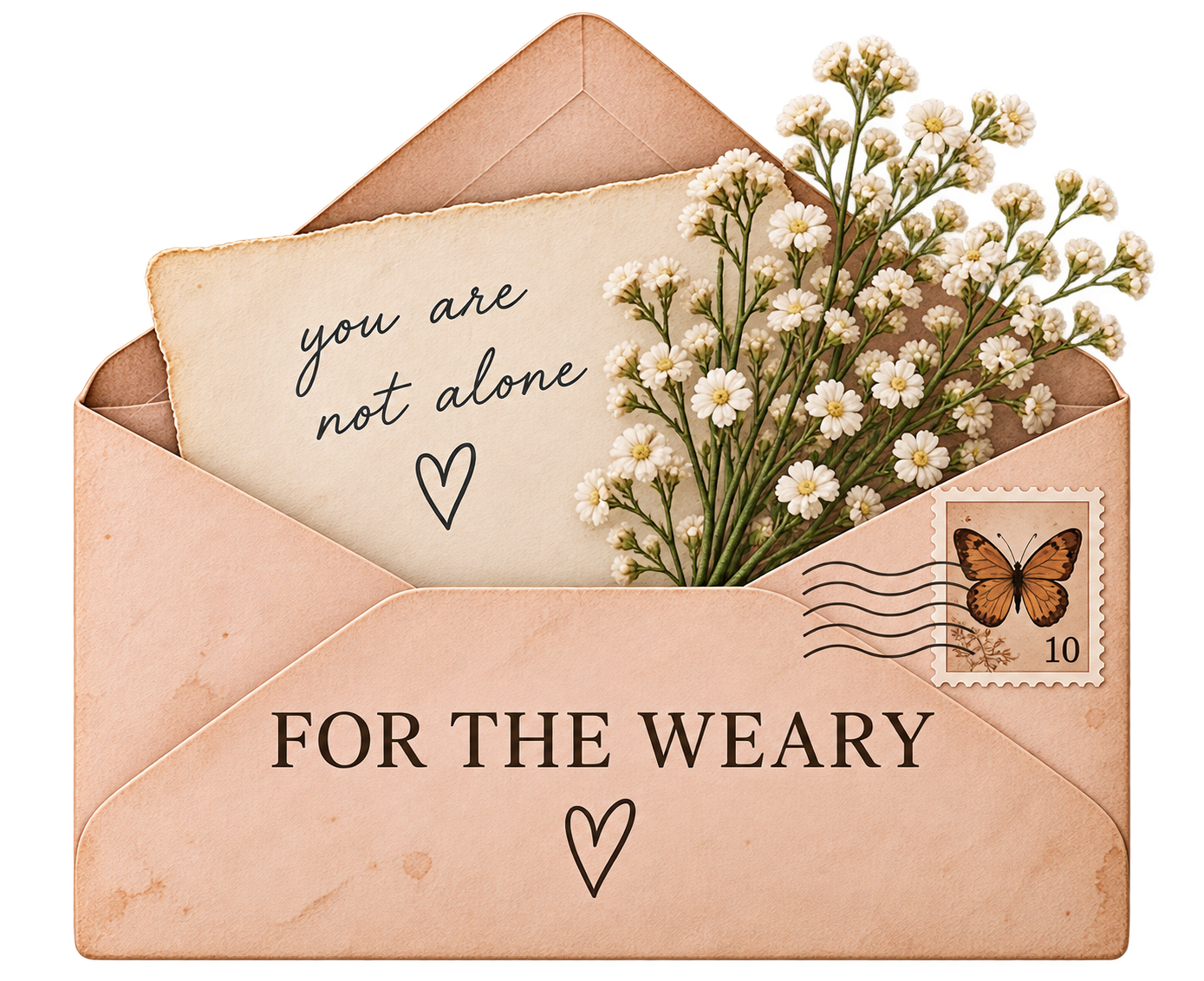 Dusty-pink envelope labeled "For the Weary," linking to encouragement for tired hearts.