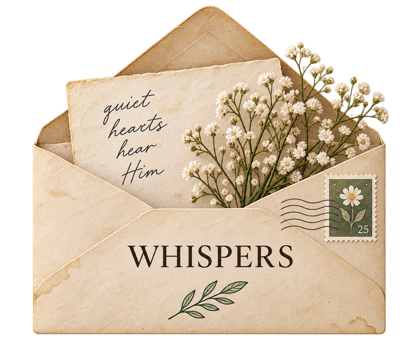 Vintage envelope labeled "Whispers," linking to letters about quiet things I'm learning from Jesus.