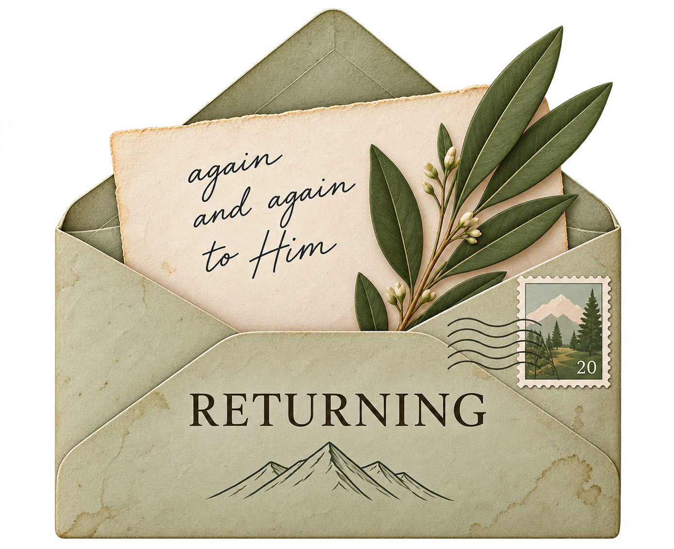 Sage-green envelope labeled "Returning," linking to letters about coming back to Jesus again and again.