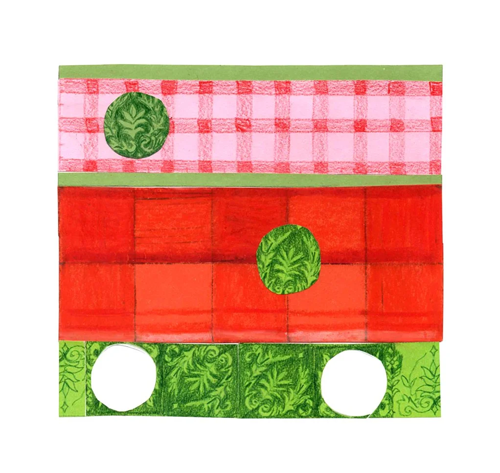 Colourful collage of hand drawn patterns with sections in pink, red, and green, featuring circular cutouts and decorative patterns.