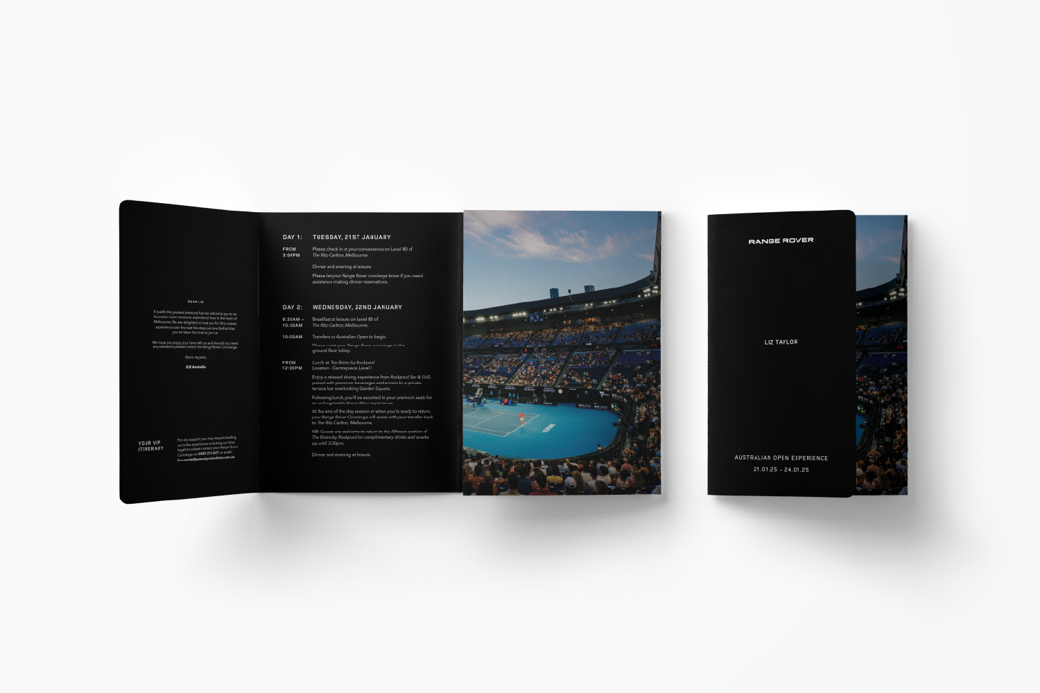 Double gate-folded booklet showcasing event itinerary for Range Rover's Australian Open event.