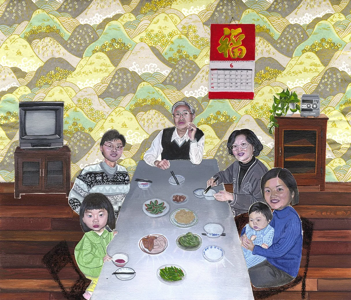 Painting of a family sitting at a dining table with various dishes, in a room with a decorative mountain-themed wallpaper, a wall calendar, and vintage electronics.