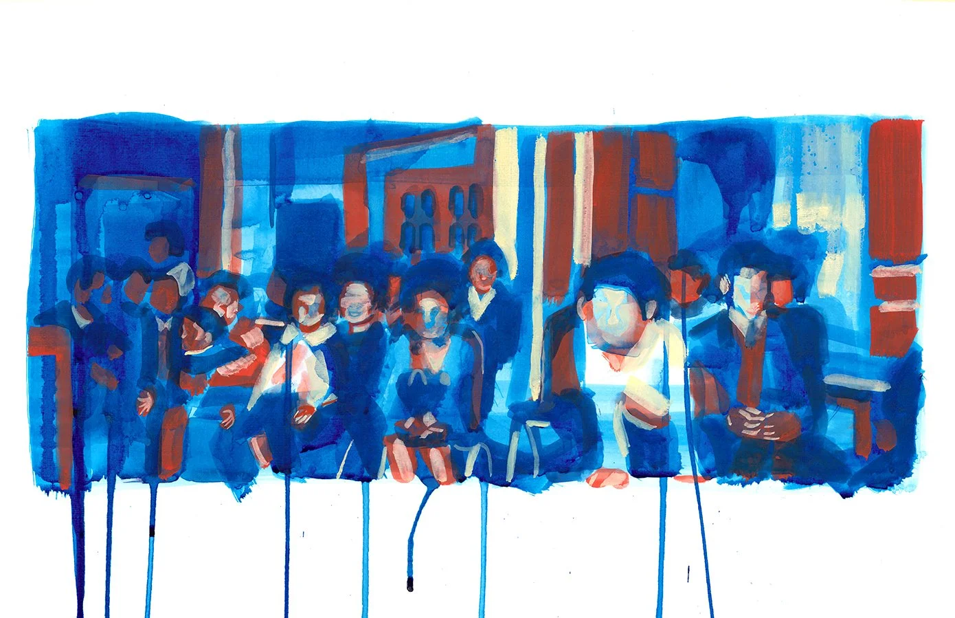 Ink and gouache painting of a group of people sitting and standing in a room. Blue, red and cream abstract style. 