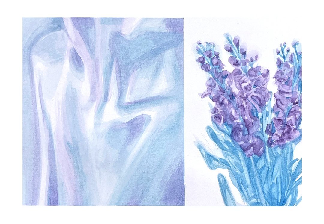 Watercolour painting of a bouquet on the right and an abstract, cool-toned face on the left.