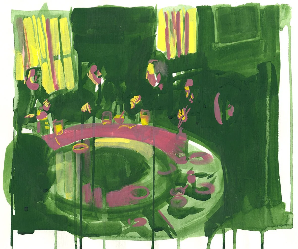 An abstract painting of a social gathering around a round table with drinks and glasses, with figures of people chatting in a room with yellow curtains.