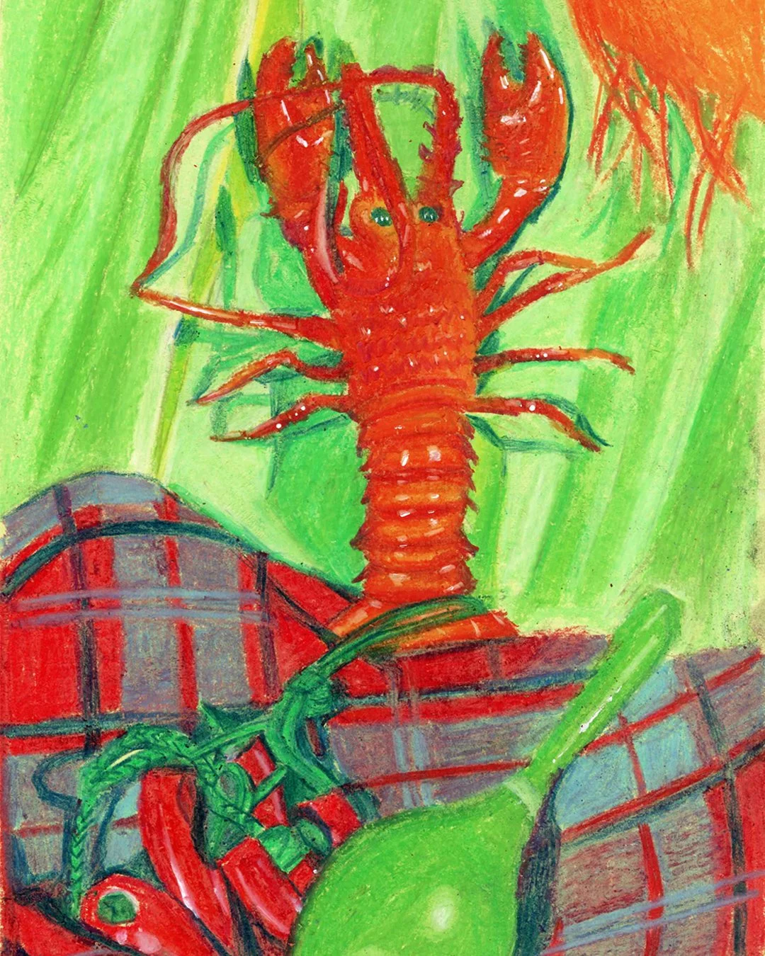 Colourful drawing of a red lobster, on a green background, with a red and black checkered cloth and a green object nearby.