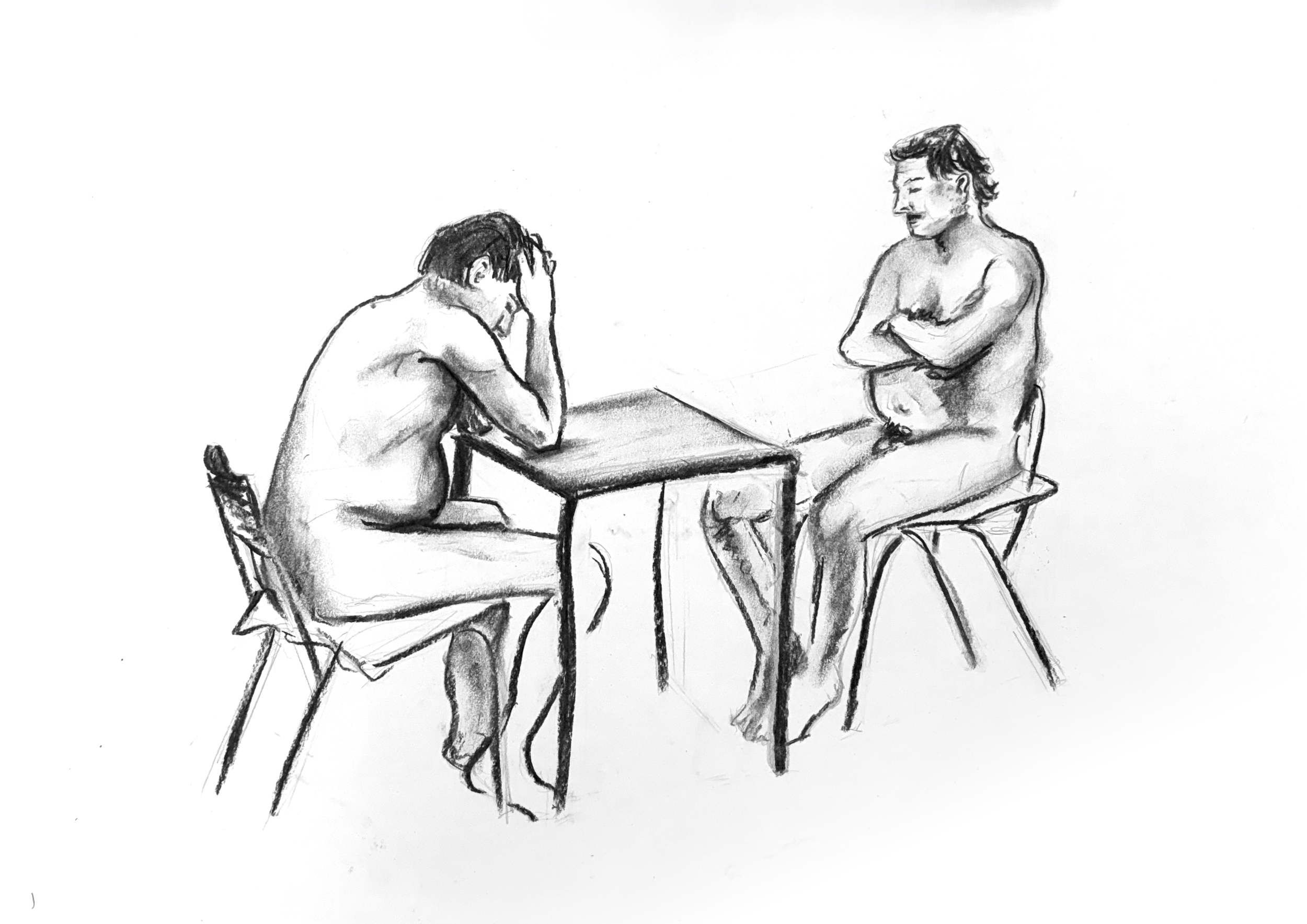 A black-and-white sketch of two nude men sitting across from each other at a table. The man on the left is resting his head in his hand, with his face partially obscured, while the man on the right has his arms crossed and is looking downward.