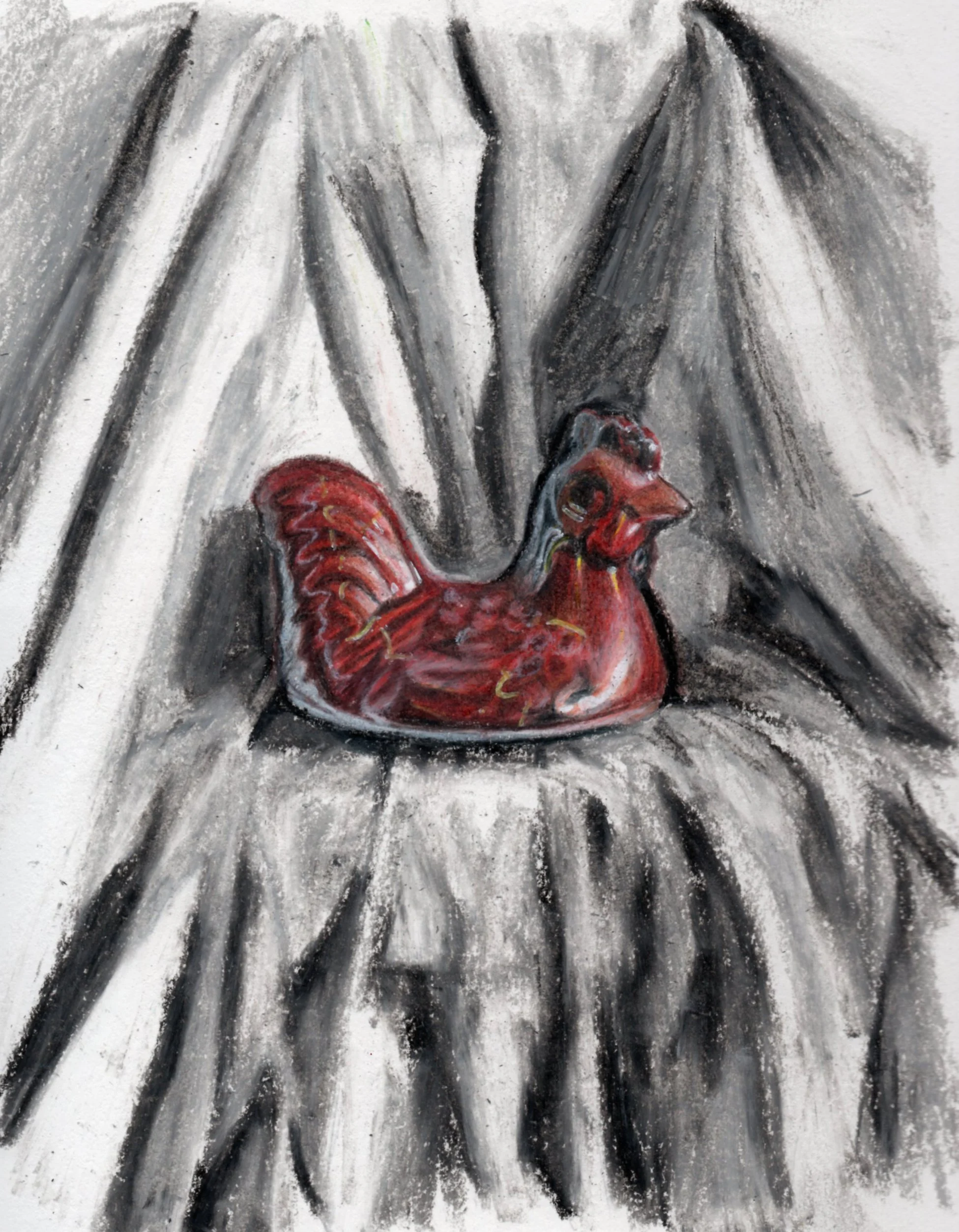 Black and white drawing with hints of red and touches of yellow, depicting a wooden rooster, surrounded by an abstract background with dark and light shades.