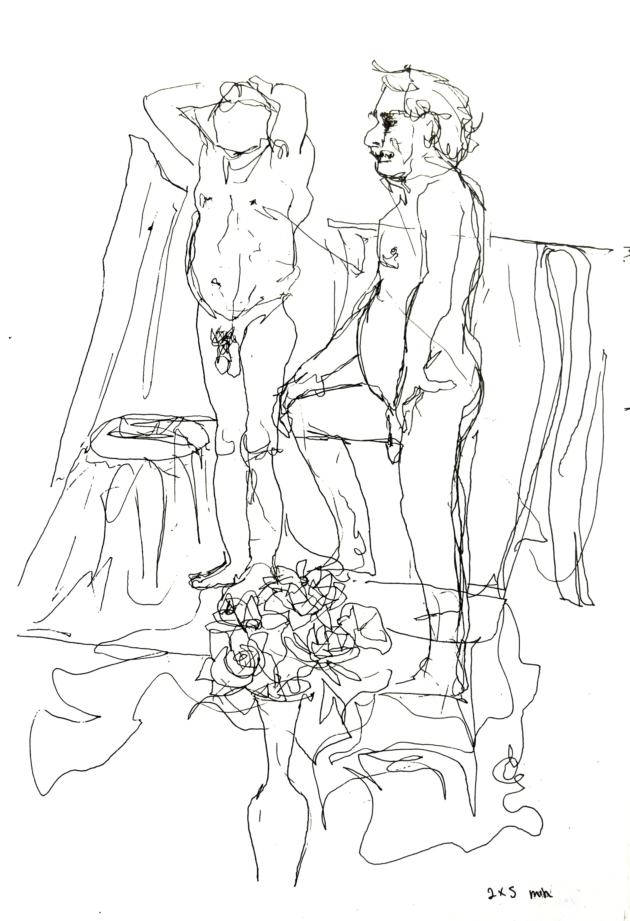 Line drawing of two men, one standing with arms raised and the other sitting, surrounded by flowers with a curtain or drape in the background.