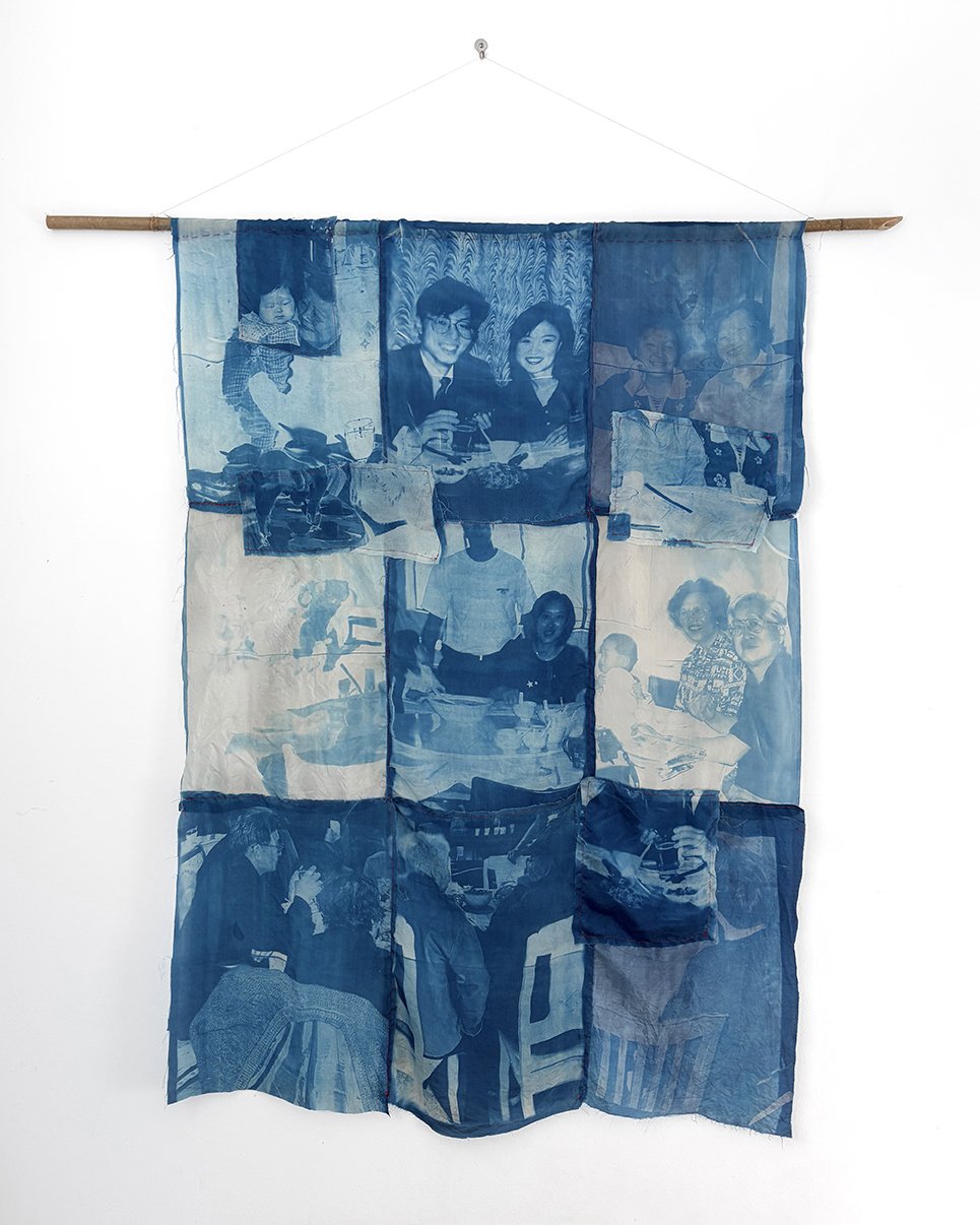 Love, a family gathering that exists only in my mind, 2026, cyanotype on silk panels, red thread, bamboo support, 125 x 89cm